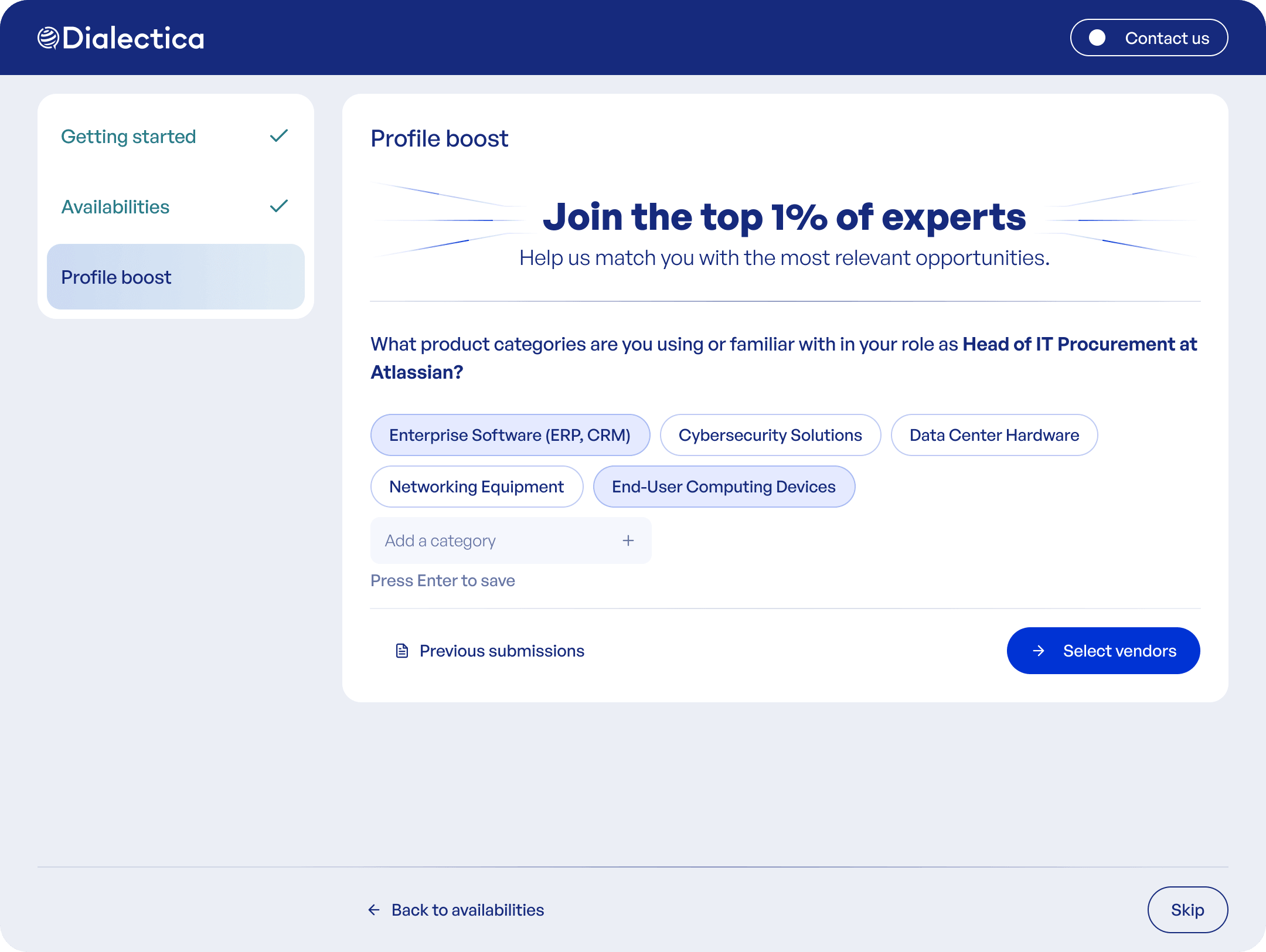Profile Boost step 1: product categories offered as selectable chips, with an Add a category field and a Skip option
